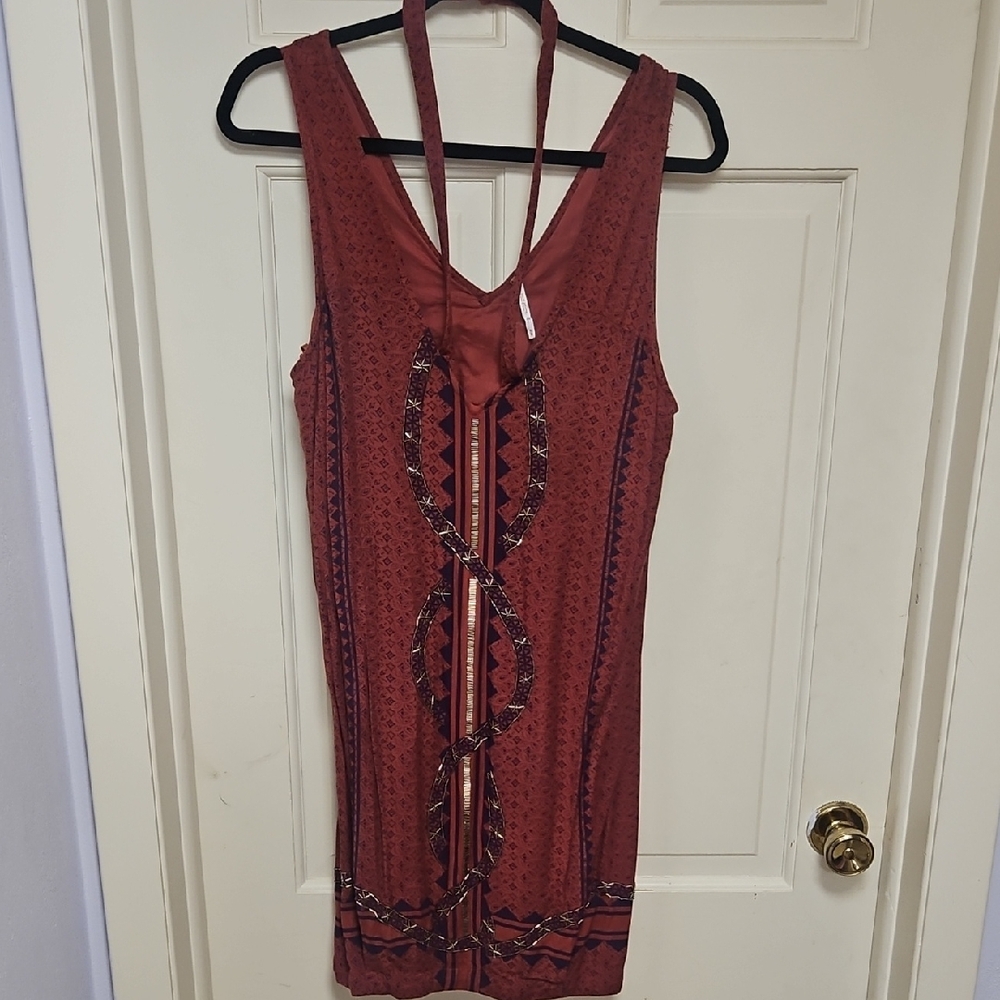 Free People Burgundy Halter Dress With Metal Beads Beautiful